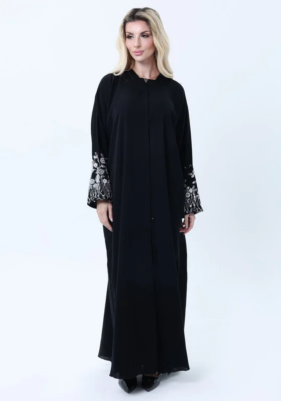 MSquare Fashion Black Abaya with Ornate Silver Sequined Sleeve Embellishments