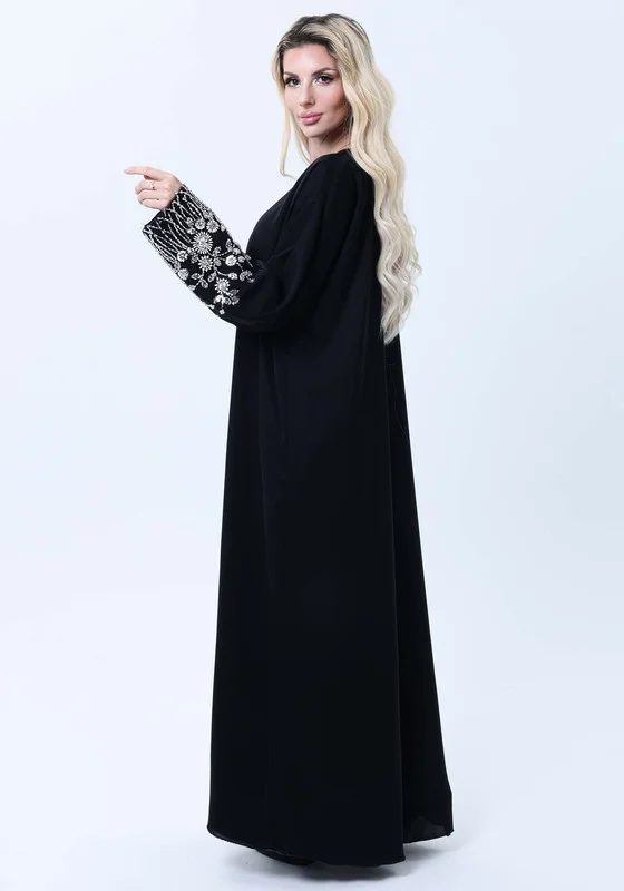 MSquare Fashion Black Abaya with Ornate Silver Sequined Sleeve Embellishments