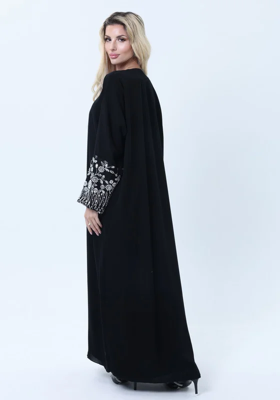 MSquare Fashion Black Abaya with Ornate Silver Sequined Sleeve Embellishments