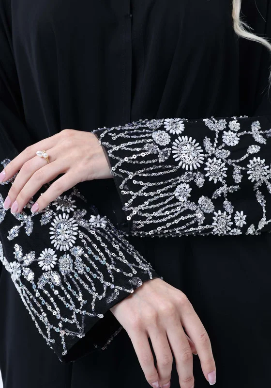 MSquare Fashion Black Abaya with Ornate Silver Sequined Sleeve Embellishments