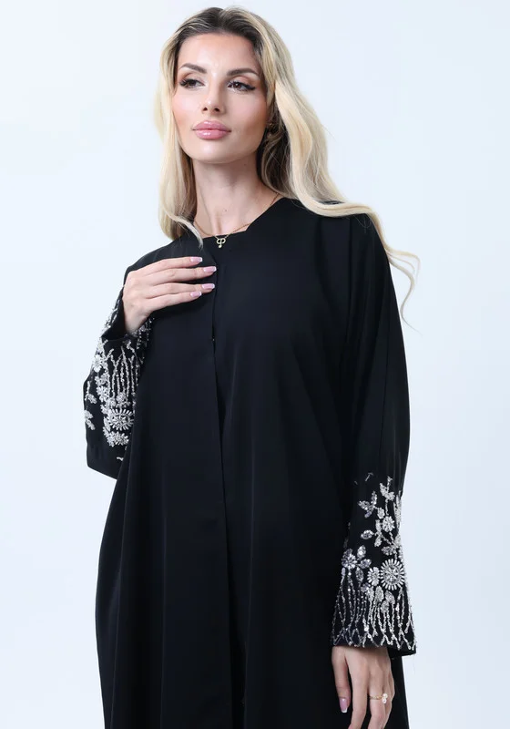 MSquare Fashion Black Abaya with Ornate Silver Sequined Sleeve Embellishments