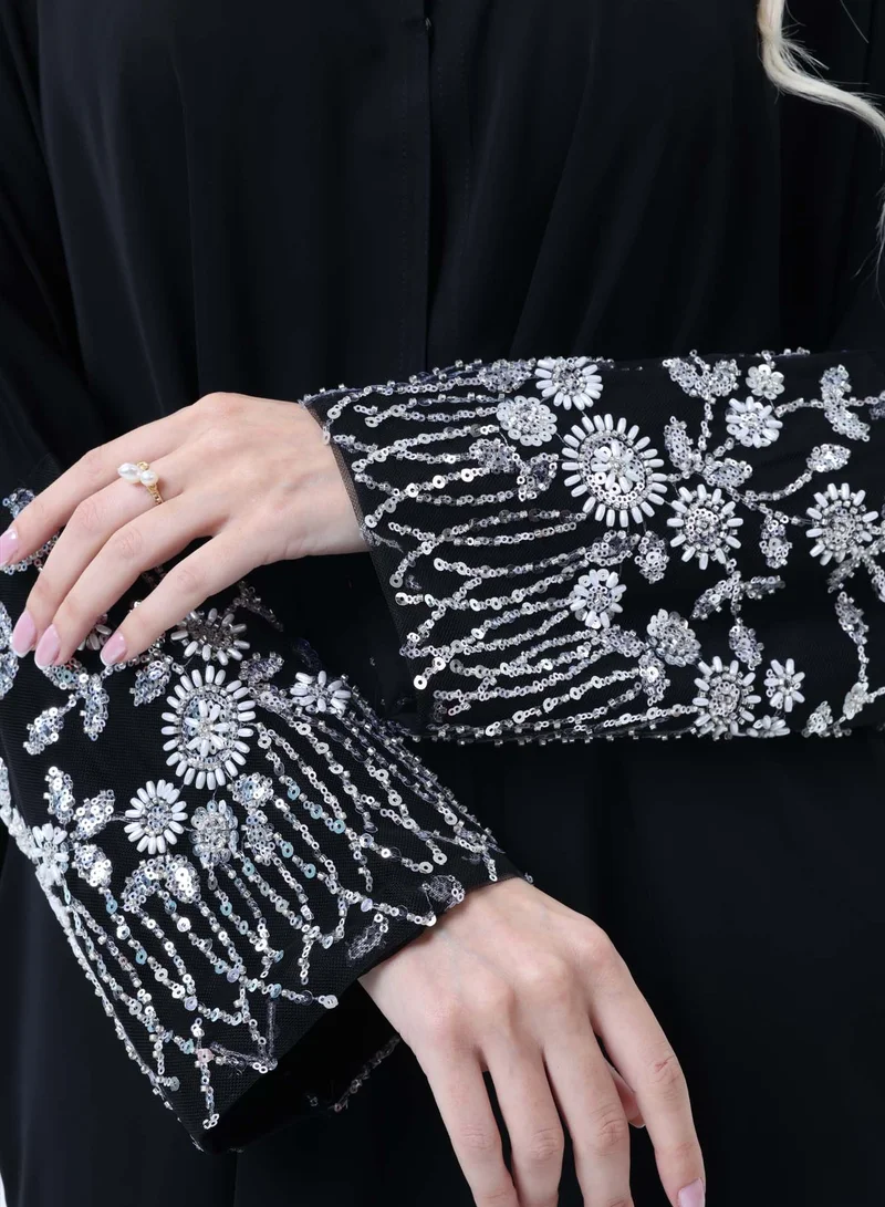 MSquare Fashion  Black Abaya with Ornate Silver Sequined Sleeve Embellishments for Women | Best Price UAE