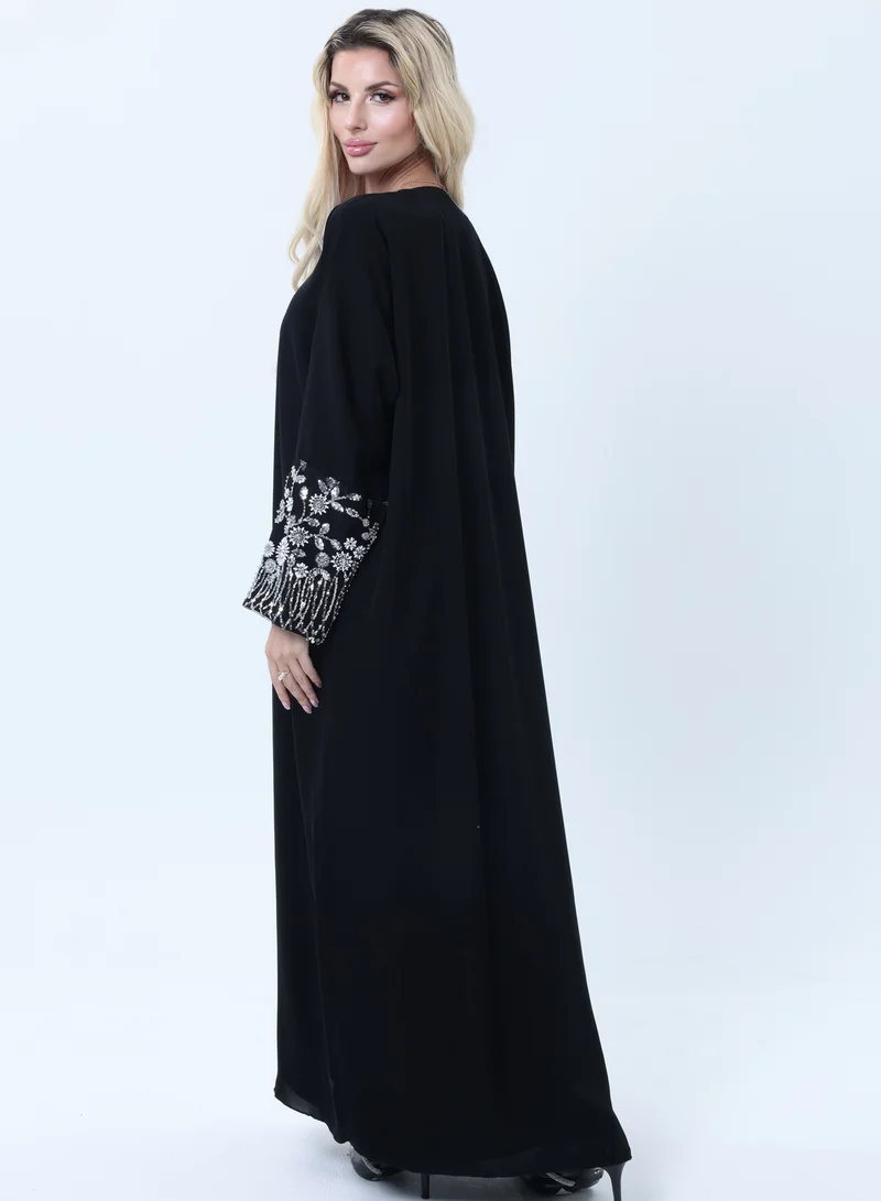 MSquare Fashion  Black Abaya with Ornate Silver Sequined Sleeve Embellishments for Women | Best Price UAE