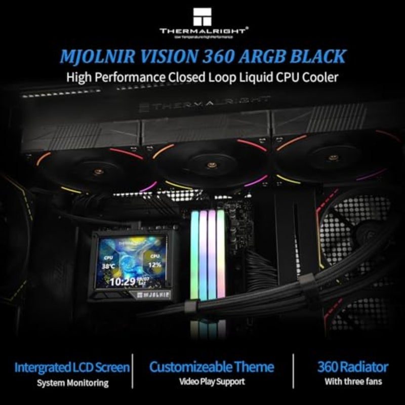 مبرد Mjolnir Vision 360 ARGB Black CPU AIO Cooler، شاشة IPS LCD بدقة 320-240، لـ AM5LGA 1700/1851، مواصفات 360 عالية الأداء مبردة بالماء مع شاشة قابلة للإزالة 3.5 بوصة - Image 2