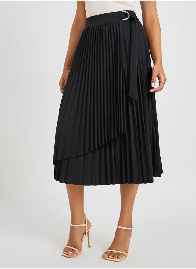 ستايلي Styli Pleated Wrap Belted A-Line Midi Skirt