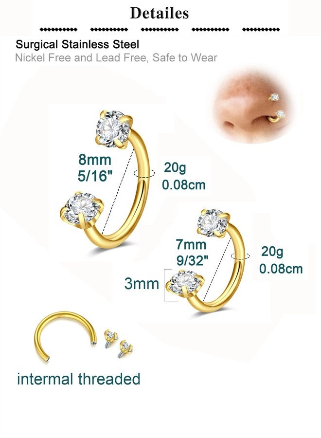 QWALIT 20g 7mm 8mm Horseshoe Nose Ring for Women Surgical Steel Double Stud Gem Horse Shoe Nose Piercing Half U Shape Nostril Hoop Tragus Daith Helix Earring Gold Cartilage Piercing Jewelry 20 gauge - Image 2