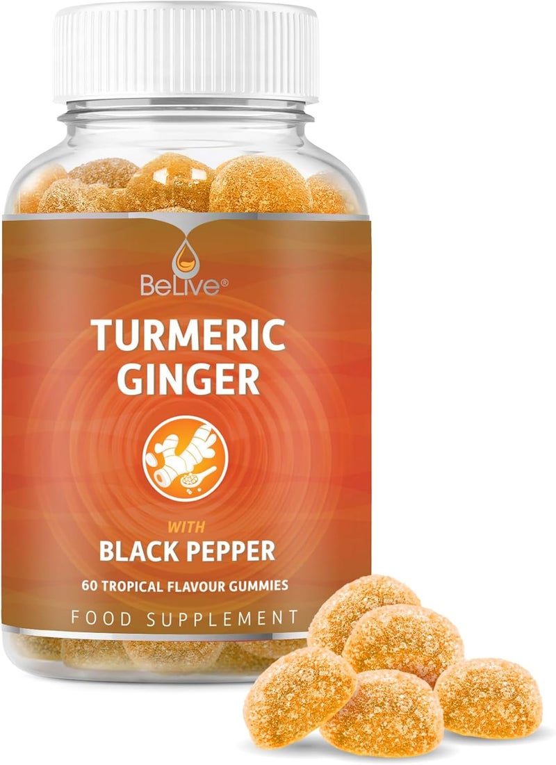BeLive Turmeric Vitamin Supplement Gummies with Ginger Black Pepper Supports Joint Pain AntiInflammatory Response Active Ingredient 300mg Curcumin Extract Vegan Tropical Flavour 60 Count - Image 1