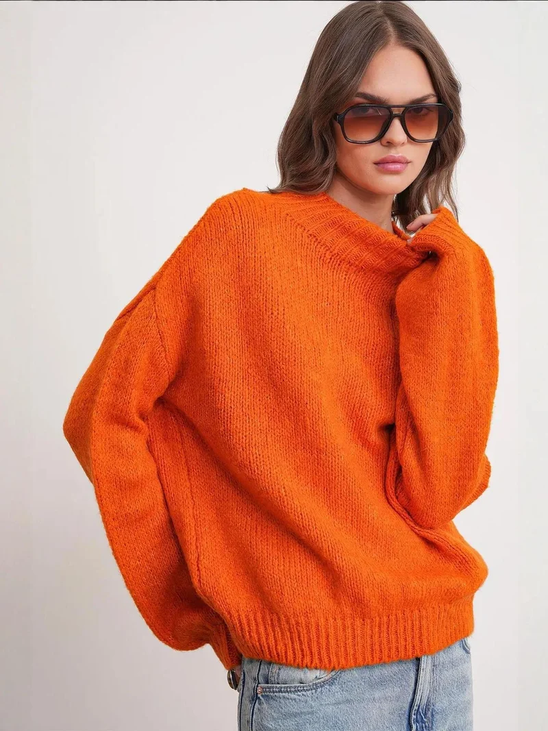 Mixray Bright Orange Mixray Relaxed Fit Crew Neck Thick Knit Sweater for Women | Best Price UAE