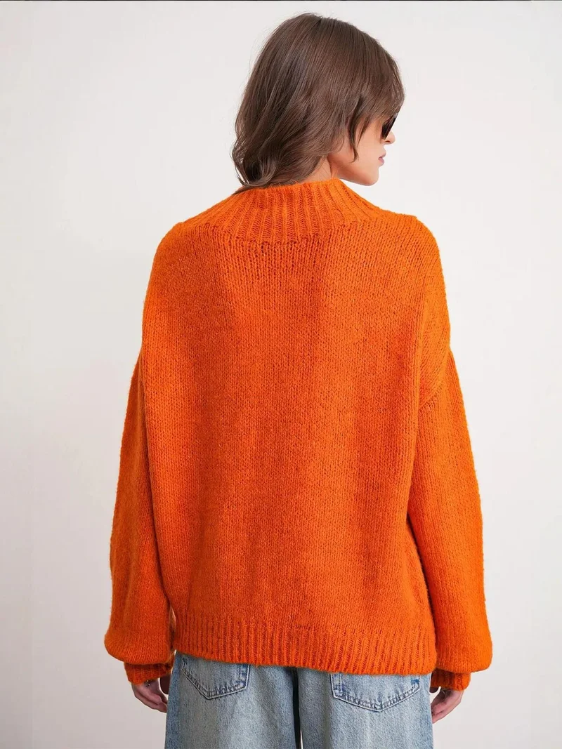 Mixray Bright Orange Mixray Relaxed Fit Crew Neck Thick Knit Sweater for Women | Best Price UAE