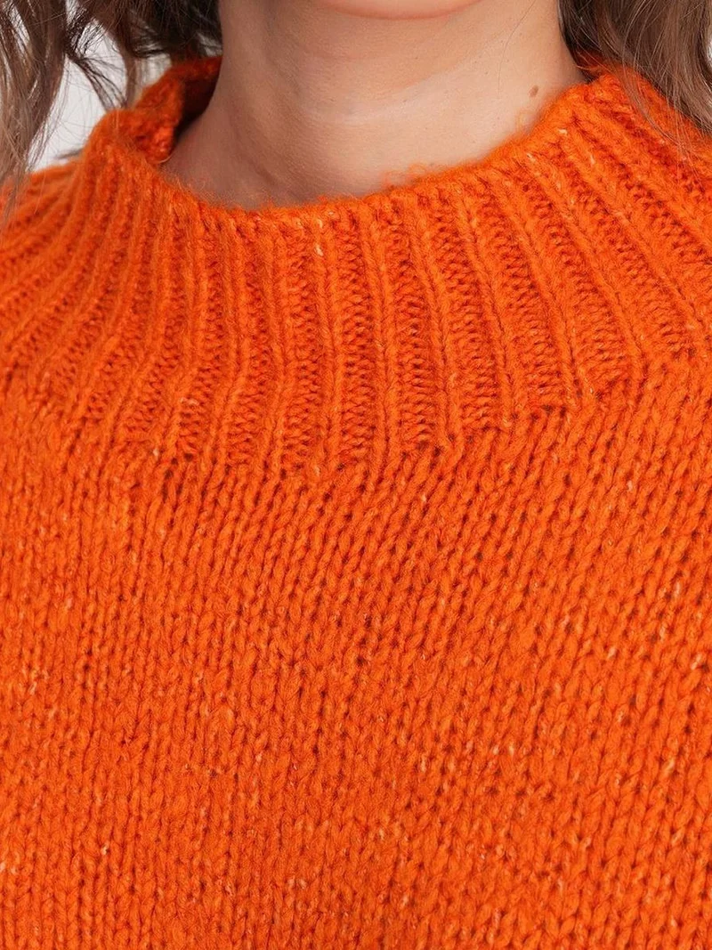 Mixray Bright Orange Mixray Relaxed Fit Crew Neck Thick Knit Sweater for Women | Best Price UAE