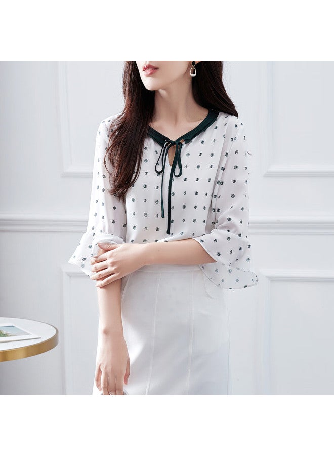 dme Demana Contrasting Color Lace Trim Three-quarter Sleeve Blouse, Fashionable Design, Versatile Casual Shirt For Women, Off-white, S - Image 3