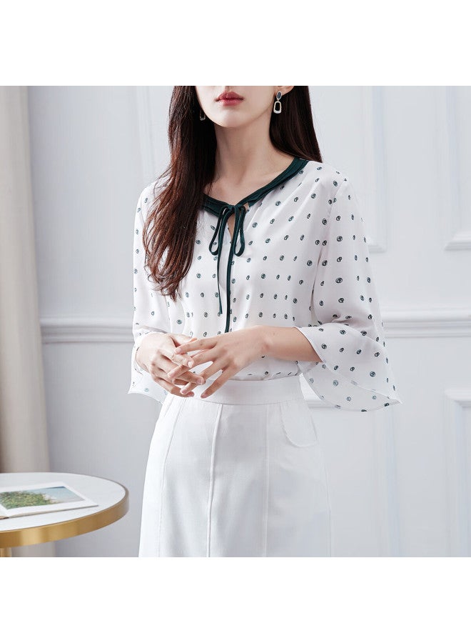 dme Demana Contrasting Color Lace Trim Three-quarter Sleeve Blouse, Fashionable Design, Versatile Casual Shirt For Women, Off-white, S - Image 1