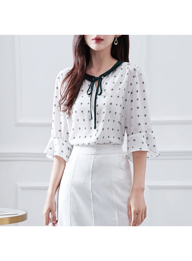dme Demana Contrasting Color Lace Trim Three-quarter Sleeve Blouse, Fashionable Design, Versatile Casual Shirt For Women, Off-white, S - Image 4
