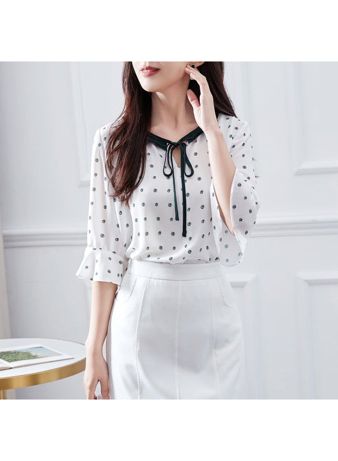dme Demana Contrasting Color Lace Trim Three-quarter Sleeve Blouse, Fashionable Design, Versatile Casual Shirt For Women, Off-white, S - Image 2