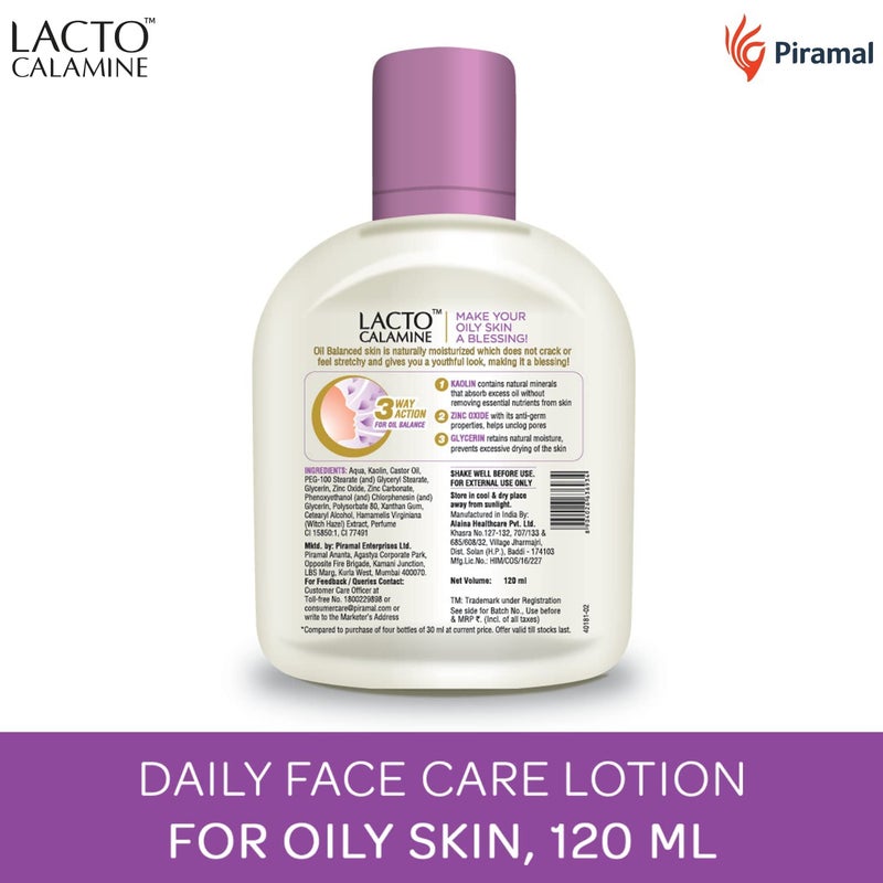 Lacto Calamine لوشن مرطب للوجه للبشرة الدهنية | يتحكم في الزيوت الزائدة ويفتح المسام | تركيبة خالية من اللمعان | مرطب وغير دهني | 4.06 أونصة سائلة/120 مل (عبوة من 2) - Image 3