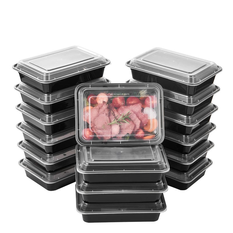 FULING 50 Pack Meal Prep Plastic Food Storage Containers With Lids 28 oz 1 Compartment Black Rectangular Reusable To Go Lunch Prepping Boxes BPAFree Microwavable Freezer Dishwasher Safe Stackable