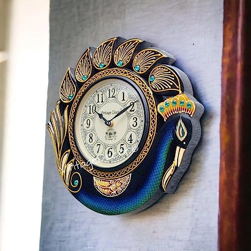 Vintage Clock Handicraft Peacock Blue Wood Analog Wall Clock/One Year Warranty, 34 cm x 10.5 cm x 34 cm - Black - Image 3