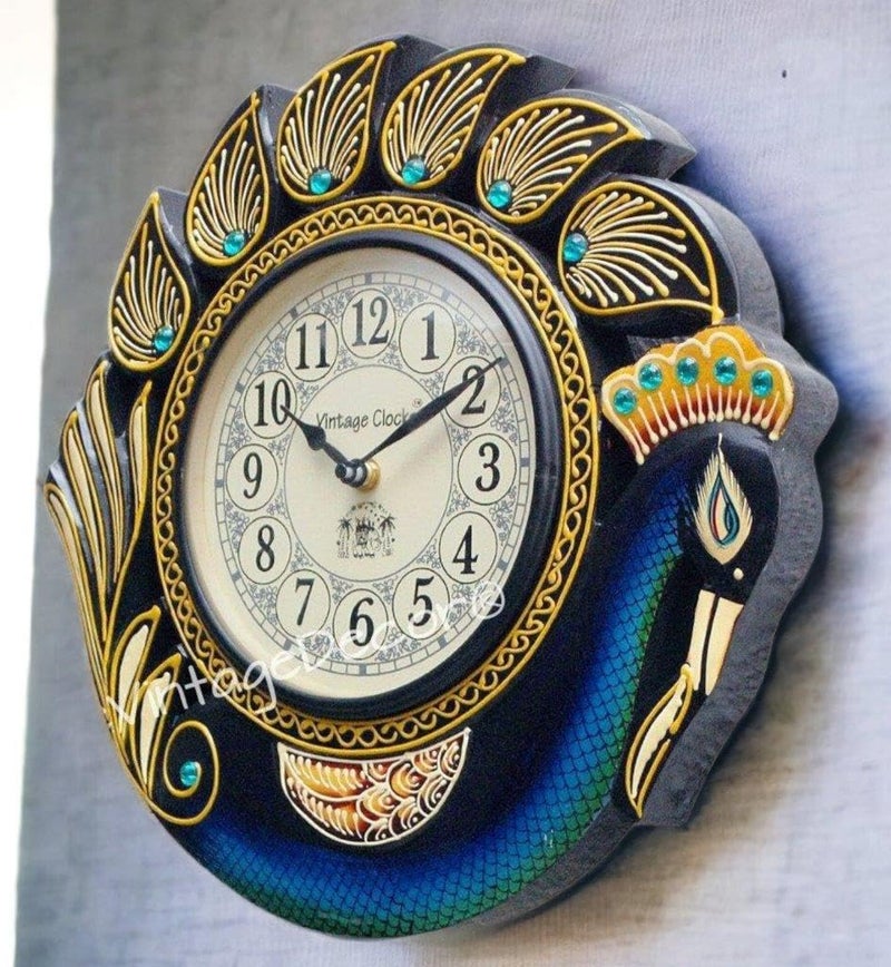 Vintage Clock Handicraft Peacock Blue Wood Analog Wall Clock/One Year Warranty, 34 cm x 10.5 cm x 34 cm - Black - Image 1