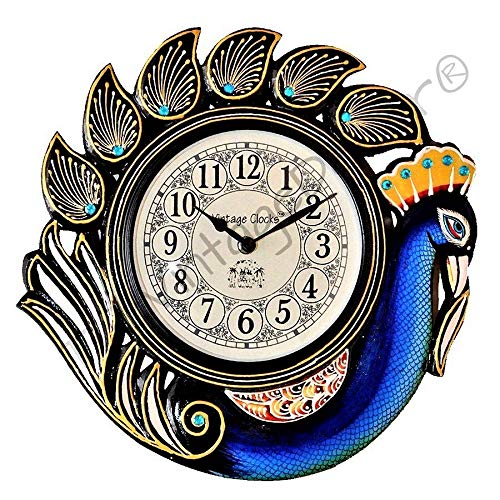 Vintage Clock Handicraft Peacock Blue Wood Analog Wall Clock/One Year Warranty, 34 cm x 10.5 cm x 34 cm - Black - Image 5