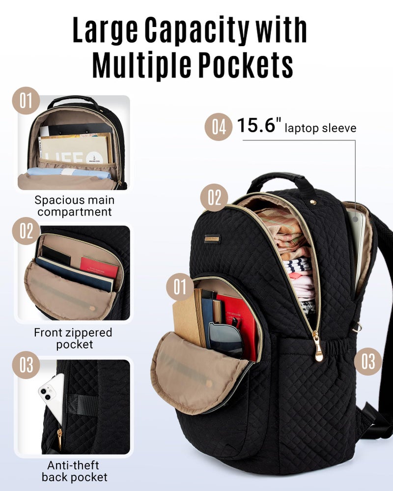 LIGHT FLIGHT Travel Laptop Backpack for Women, 15.6 Inch Anti Theft Laptop Backpack with USB Charging Hole Water Resistant Computer Backpack for Work, Quilted Black - Image 2