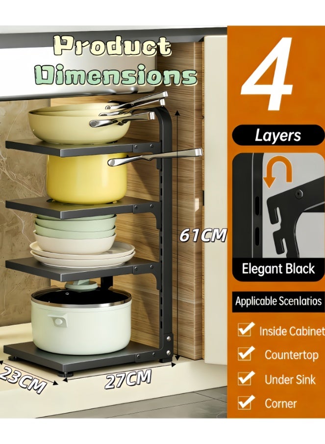 Pots and Pans Organizer under Cabinet, Heavy Duty Pan Organizers for Cabinet & Counter, 4 Tier Adjustable Pan & Pot Rack for Kitchen Cabinet Organizers and Storage (BC0404) - Image 3