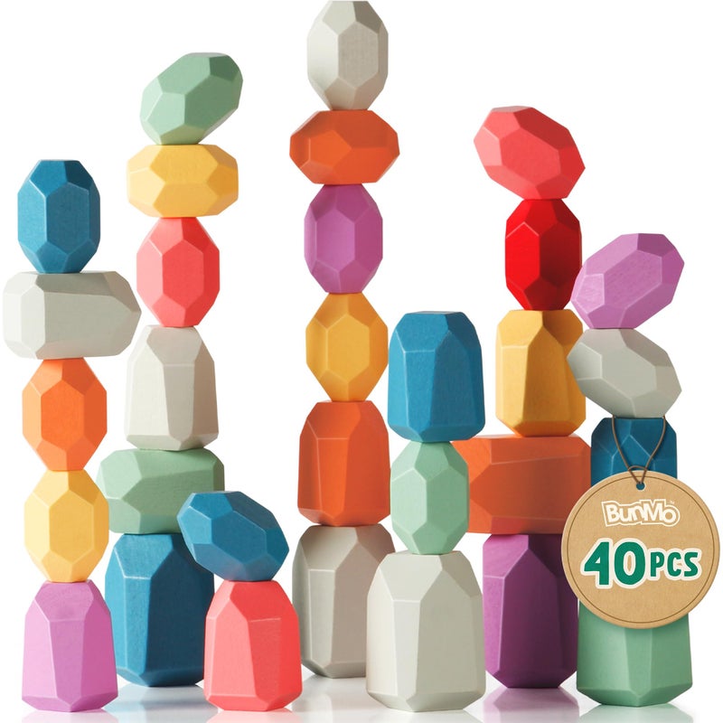 BUNMO 40pcs Wooden Stacking Toys - Montessori Educational Blocks for Toddlers, Non-Toxic, Safe, and Durable for Kids’ Creative Play and Learning - Image 1