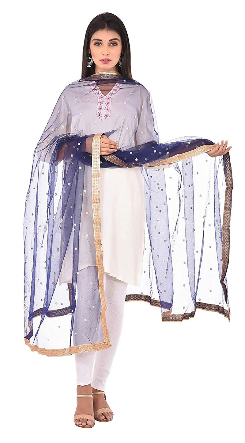 themilestocks TMS Woman's Embellished Net Dupatta Scarf Shawl Wrap Soft Indian Bridal Wedding (Navy Blue), 87 Inches X 44 Inches || 220 cm X 112cm - Image 5