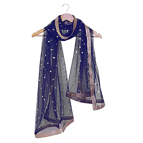 themilestocks TMS Woman's Embellished Net Dupatta Scarf Shawl Wrap Soft Indian Bridal Wedding (Navy Blue), 87 Inches X 44 Inches || 220 cm X 112cm - Image 4