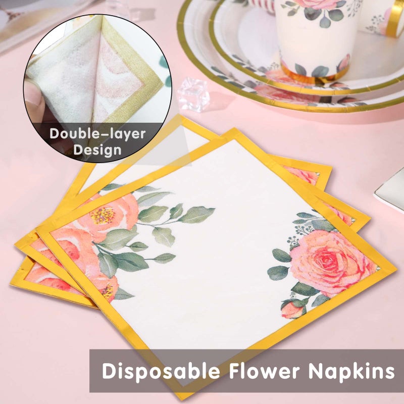 Gudvilla 168PCS Floral Plates and Napkins Party Supplies Vintage Floral Paper Plates Set With Gold Rim Serve 24 Guests Floral Disposable Plates Tea Party supplies for Adults Bridal Shower Decorations - Image 4