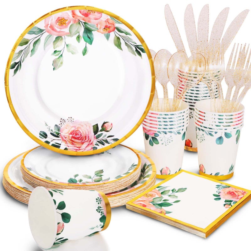 Gudvilla 168PCS Floral Plates and Napkins Party Supplies Vintage Floral Paper Plates Set With Gold Rim Serve 24 Guests Floral Disposable Plates Tea Party supplies for Adults Bridal Shower Decorations - Image 1