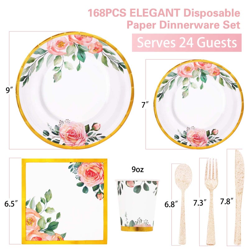 Gudvilla 168PCS Floral Plates and Napkins Party Supplies Vintage Floral Paper Plates Set With Gold Rim Serve 24 Guests Floral Disposable Plates Tea Party supplies for Adults Bridal Shower Decorations - Image 2