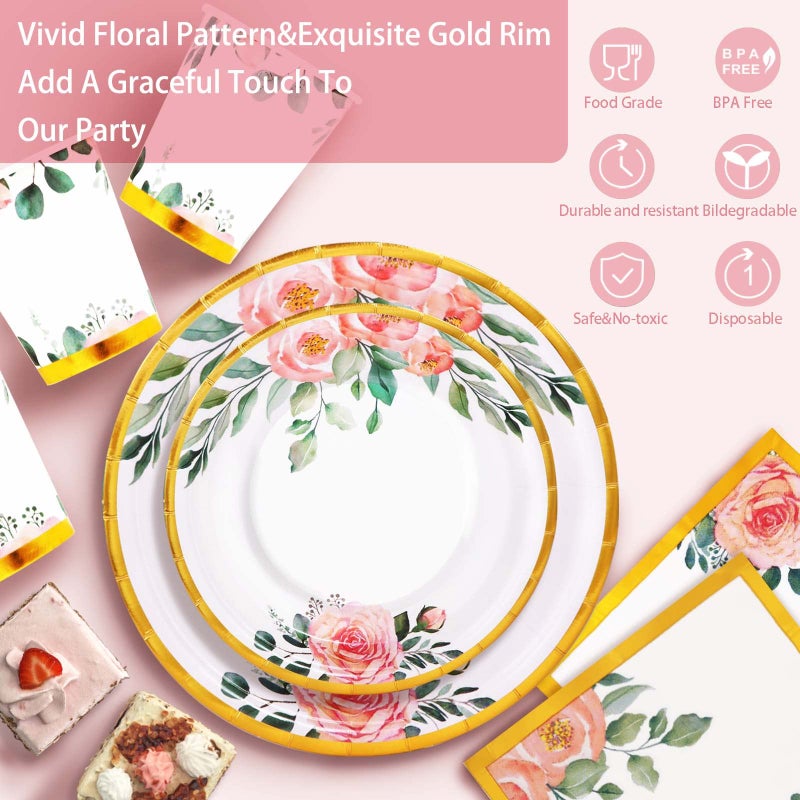 Gudvilla 168PCS Floral Plates and Napkins Party Supplies Vintage Floral Paper Plates Set With Gold Rim Serve 24 Guests Floral Disposable Plates Tea Party supplies for Adults Bridal Shower Decorations - Image 3