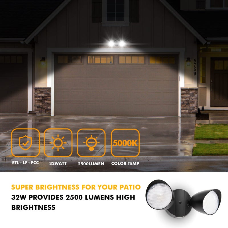 UME 2-Packs 2500 Lumen 32 Watt 28 LED Dual-Head Floodlight Outdoor, Full Metal Design, Waterproof Exterior Security Wall Light 5000K for Patio, Garden, Yard-Black - Image 2