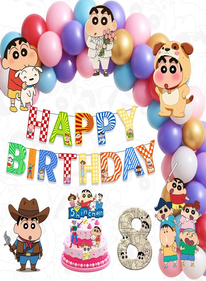 Partyjoy Shinchan Theme Birthday Decoration Kit for Kids, Cartoon Party Supplies with Happy Birthday Banner, Cake Topper, Cupcake Toppers (8th birthday) - Image 1