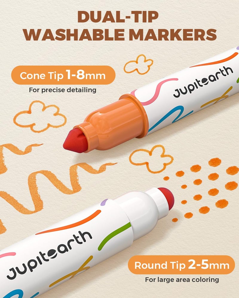 JUPITEARTH Washable Dual Tip Markers for Kids, Broad & Round Tip, Easy-Grip Design for Little Hands, 24 Vibrant Colors Toddler Markers with Portable Case, Preschool Art Supplies for Kids Toddlers - Image 2