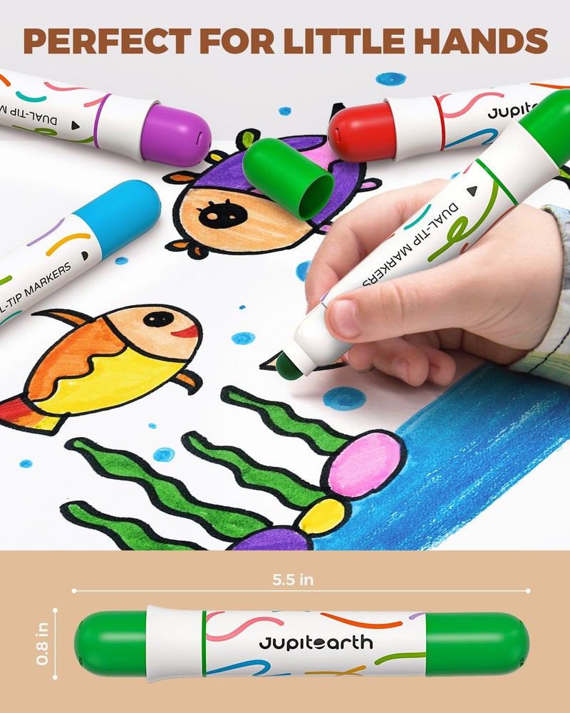 JUPITEARTH Washable Dual Tip Markers for Kids, Broad & Round Tip, Easy-Grip Design for Little Hands, 24 Vibrant Colors Toddler Markers with Portable Case, Preschool Art Supplies for Kids Toddlers - Image 5