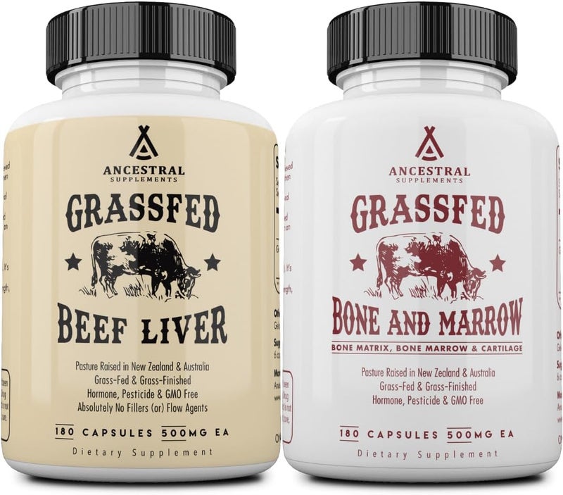 Ancestral Supplements GrassFed Beef Liver  Bone Marrow Capsules 3000mg Supports Energy Digestion Immunity Skin Oral Health Joint Wellness NonGMO FreezeDried 180 Capsules Bundle 2 Pack