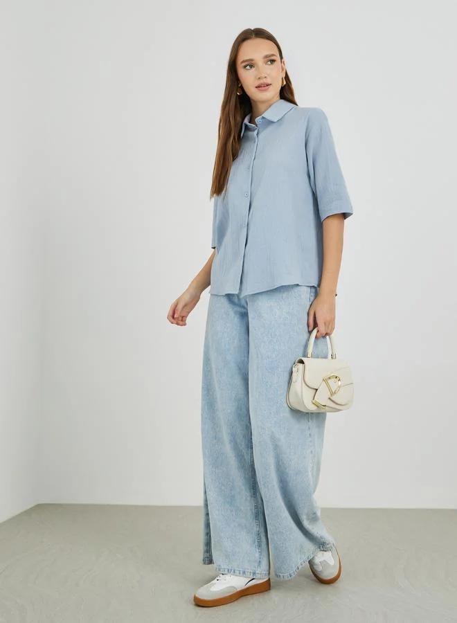 Take Two Take Two Cotton Linen Buttoned Spread Collar Shirt