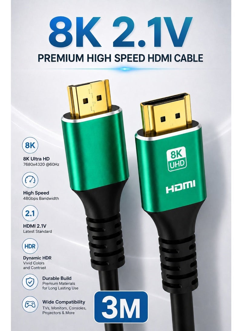 Gamix 8K Ultra HD HDMI 2.1V Cable 3M – Premium High Speed 48Gbps HDR Support for Smart TV, Laptop, Monitor & Projector - Image 1