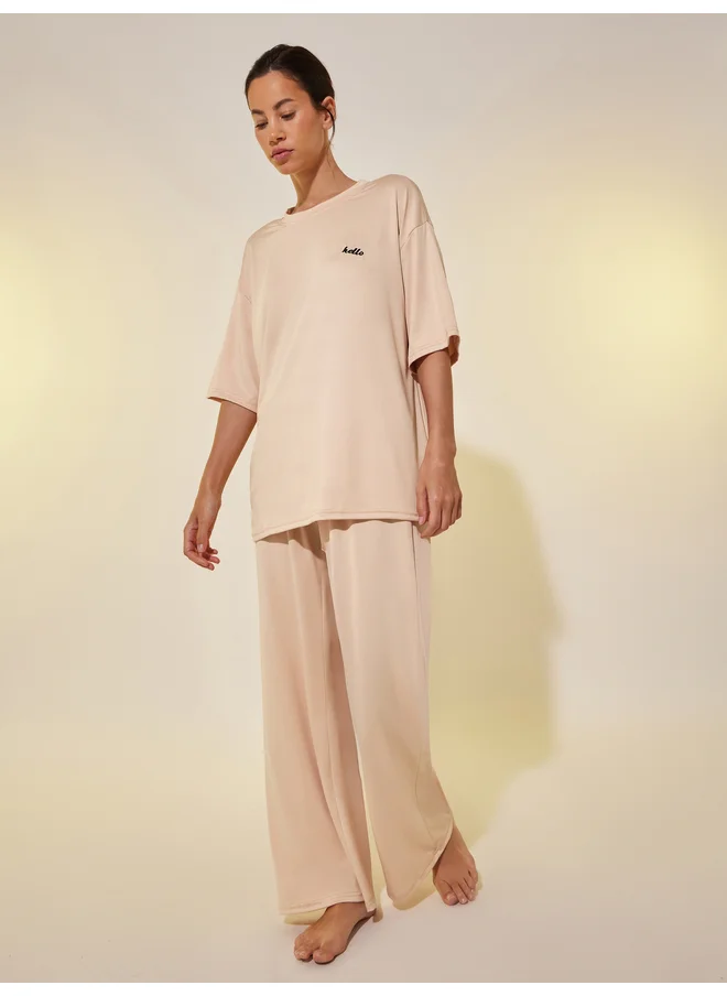 Take Two Take Two Embroidered Detail Dropped Shoulder T-Shirt and Straight Pyjama Set