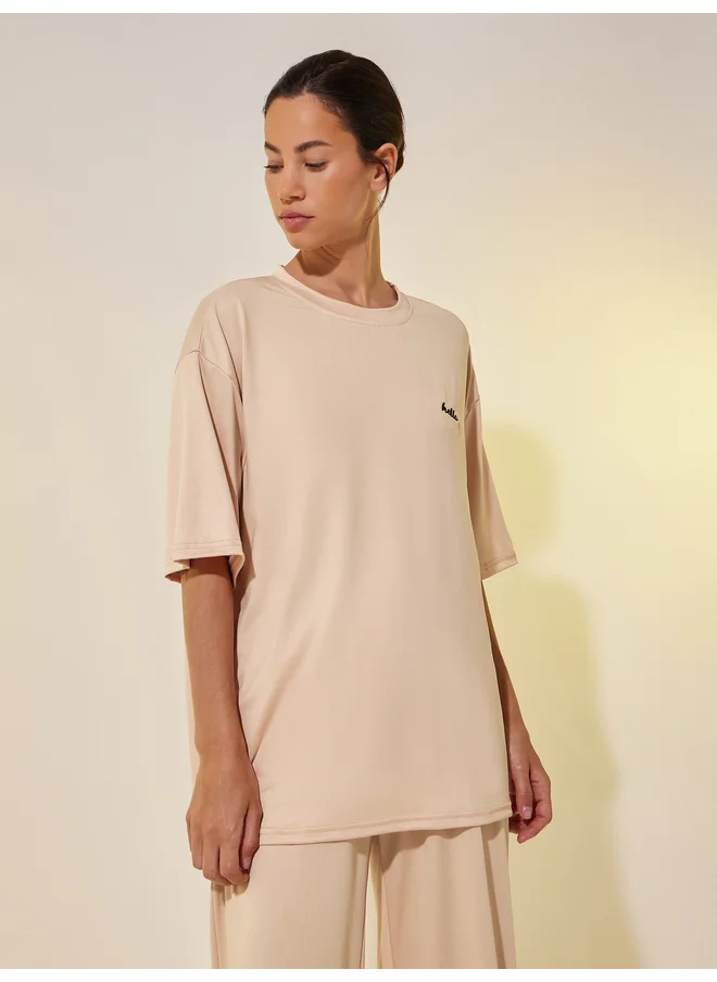 Take Two Take Two Embroidered Detail Dropped Shoulder T-Shirt and Straight Pyjama Set