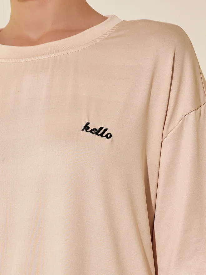 Take Two Take Two Embroidered Detail Dropped Shoulder T-Shirt and Straight Pyjama Set