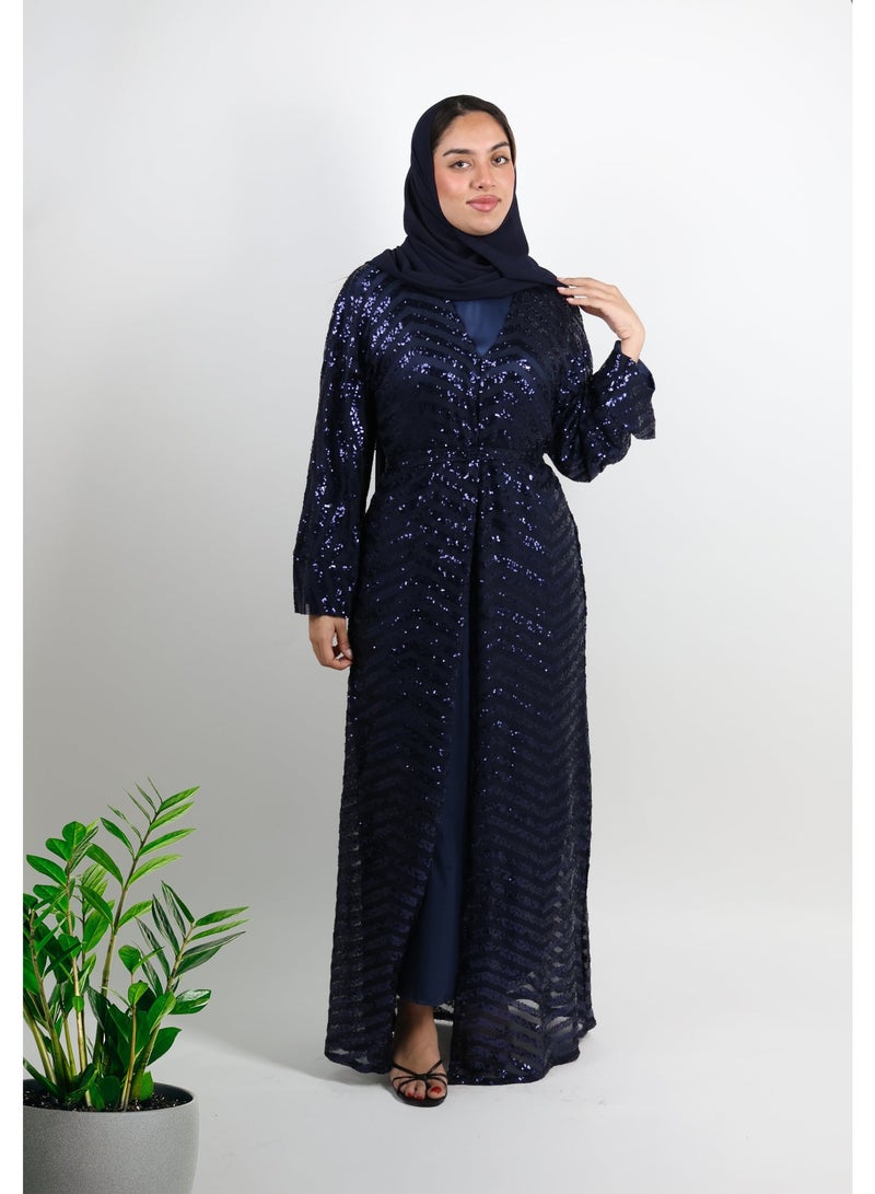 جميلة طقم عباية زرقاء داكنة مزينة بالترتر، مكون من 3 قطع - Image 1