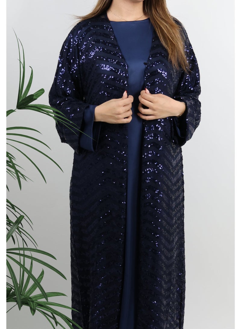 جميلة طقم عباية زرقاء داكنة مزينة بالترتر، مكون من 3 قطع - Image 5