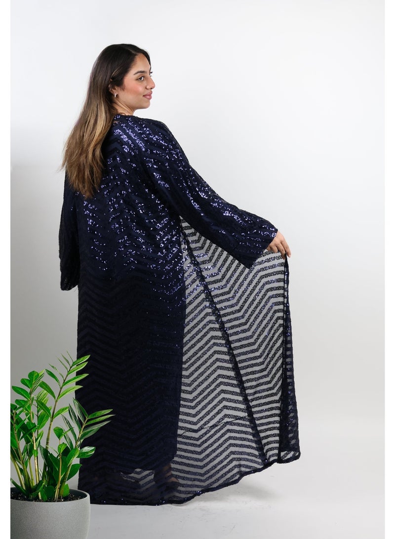 جميلة طقم عباية زرقاء داكنة مزينة بالترتر، مكون من 3 قطع - Image 3