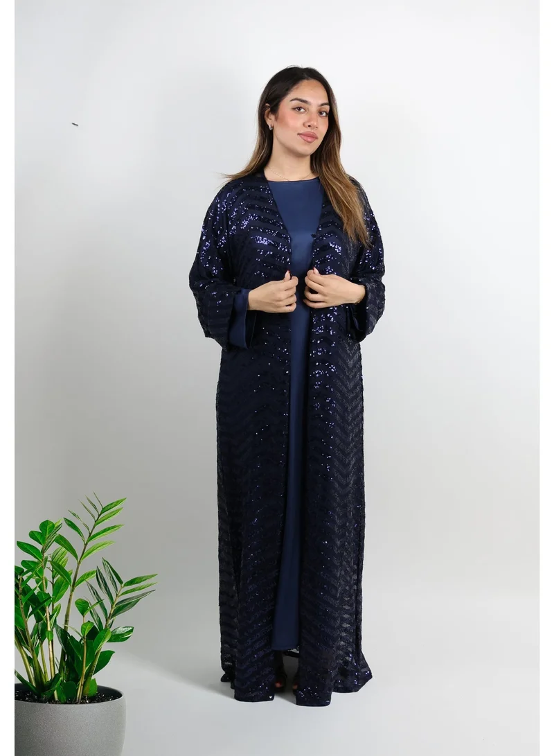 JAMEELA Navy Blue Sequin Abaya 3 Piece Set