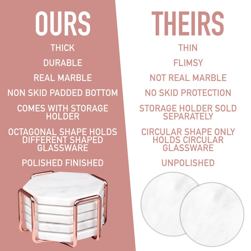 DECO White Carrara Marble Coasters & Rose Gold Coaster Holder (Set of 5)- Durable, Thick Coasters - Protects Any Table Type & Fits Any Coffee Mug, Drinking Glass, Barware- Great Wedding & Holiday XMas Gift - Image 3