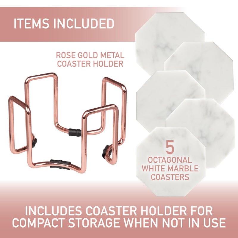 DECO White Carrara Marble Coasters & Rose Gold Coaster Holder (Set of 5)- Durable, Thick Coasters - Protects Any Table Type & Fits Any Coffee Mug, Drinking Glass, Barware- Great Wedding & Holiday XMas Gift - Image 2