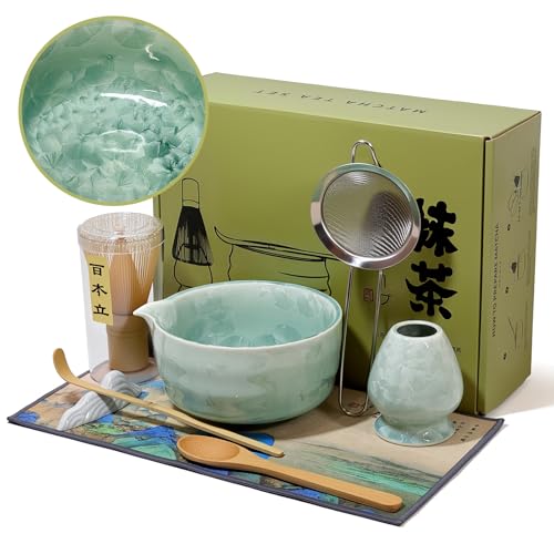 oiikain Matcha Whisk Set with Ceramic Bowl Bamboo Whisk Chasen Scoop Sifter Holder Complete Kit for Traditional Matcha Tea Unique Gifts for Women Men Tea Lovers Matcha Crystal - Image 1