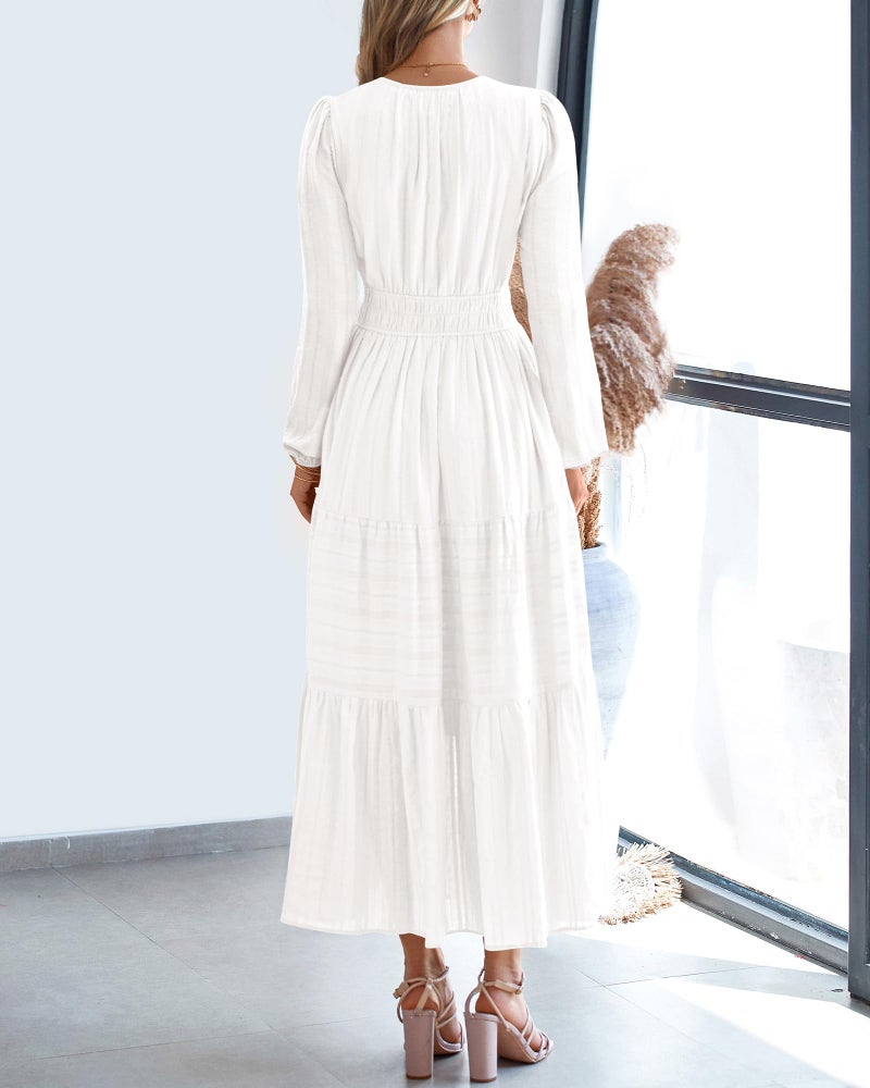 BTFBM Spring Dresses for Women 2026 Casual Long Sleeve V Neck Elastic Waist Lightweight Maxi Wedding Guest Dress Pockets(White, Large) - Image 3